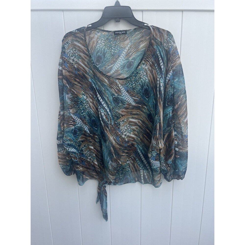 Cha Cha Vente Top Womens Peacock Print Sheer Kimono Style Sz Large
